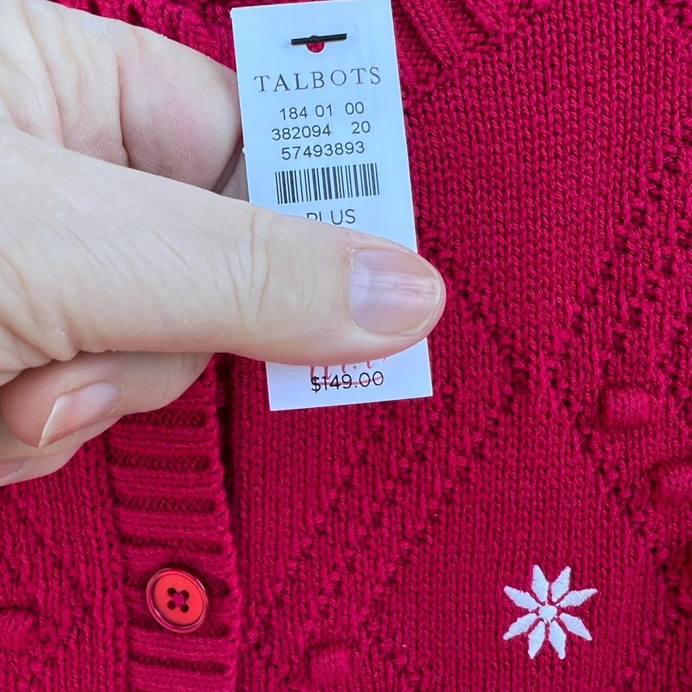 NWT Talbots Gorgeous Red Argyle Weave White Embroidered Flowers Cardigan